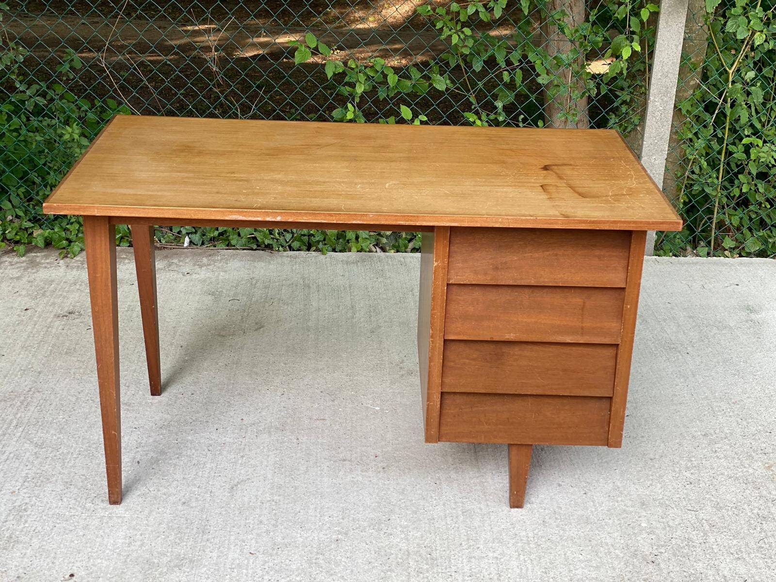 1940s Scandinavian wooden desk with 4 drawers and spindle legs