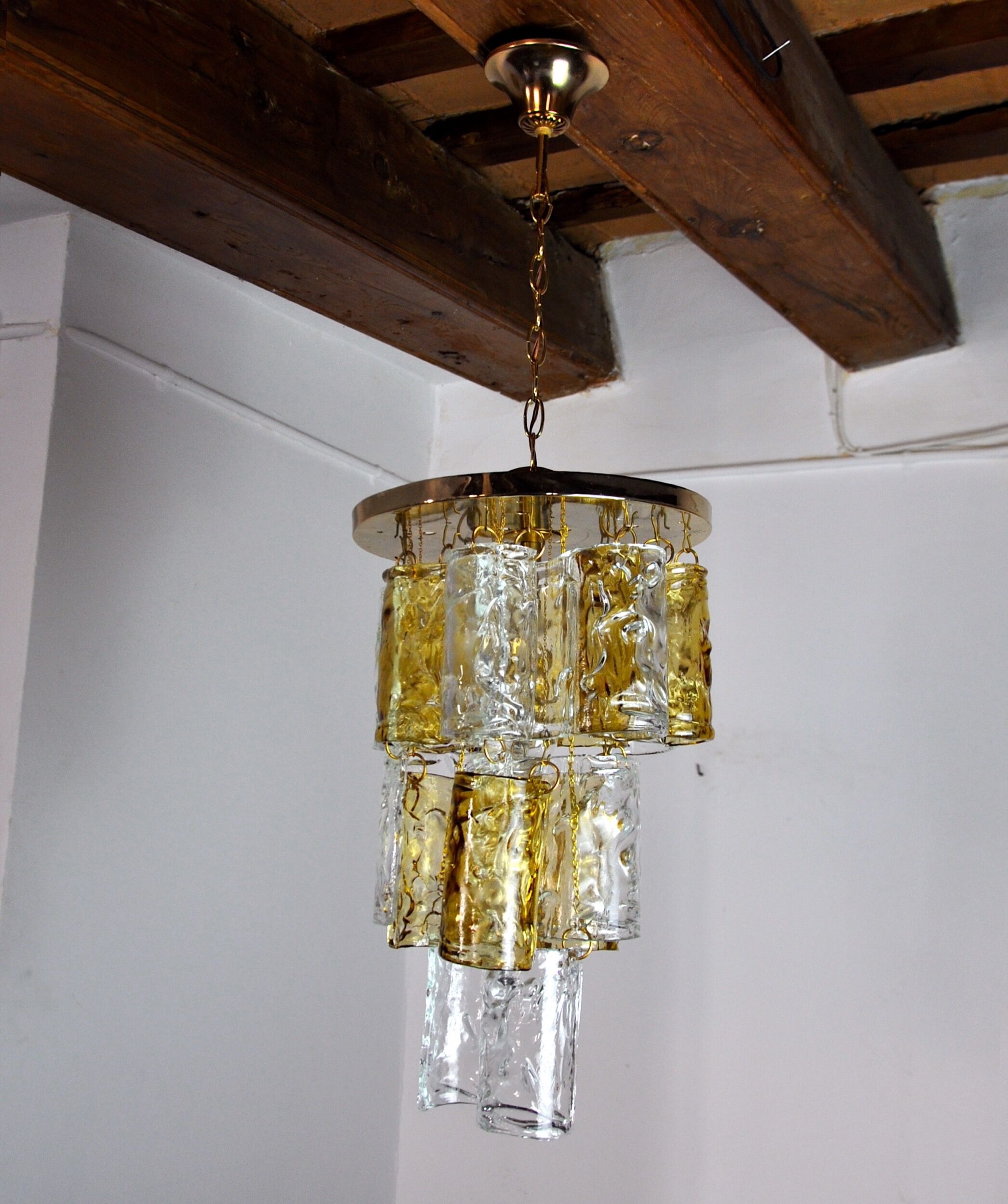 Two-tone chandelier by Zero Quattro, 3 levels, orange and transparent murano glass, Italy, 1970
