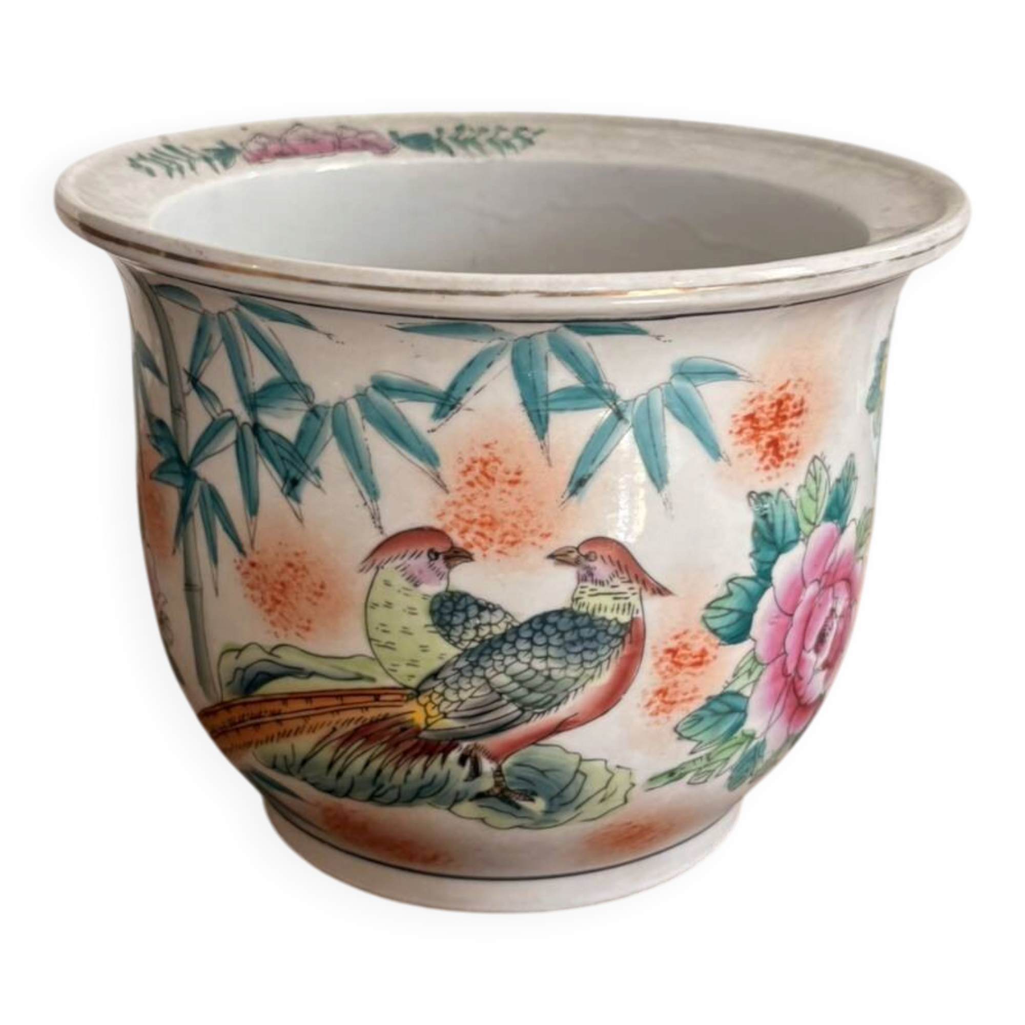 Cache pot jardinière decor pheasant China republic Famille Rose bamboo