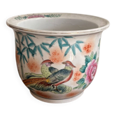 Cache pot jardinière decor pheasant China republic Famille Rose bamboo