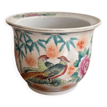 Cache pot jardinière decor pheasant China republic Famille Rose bamboo