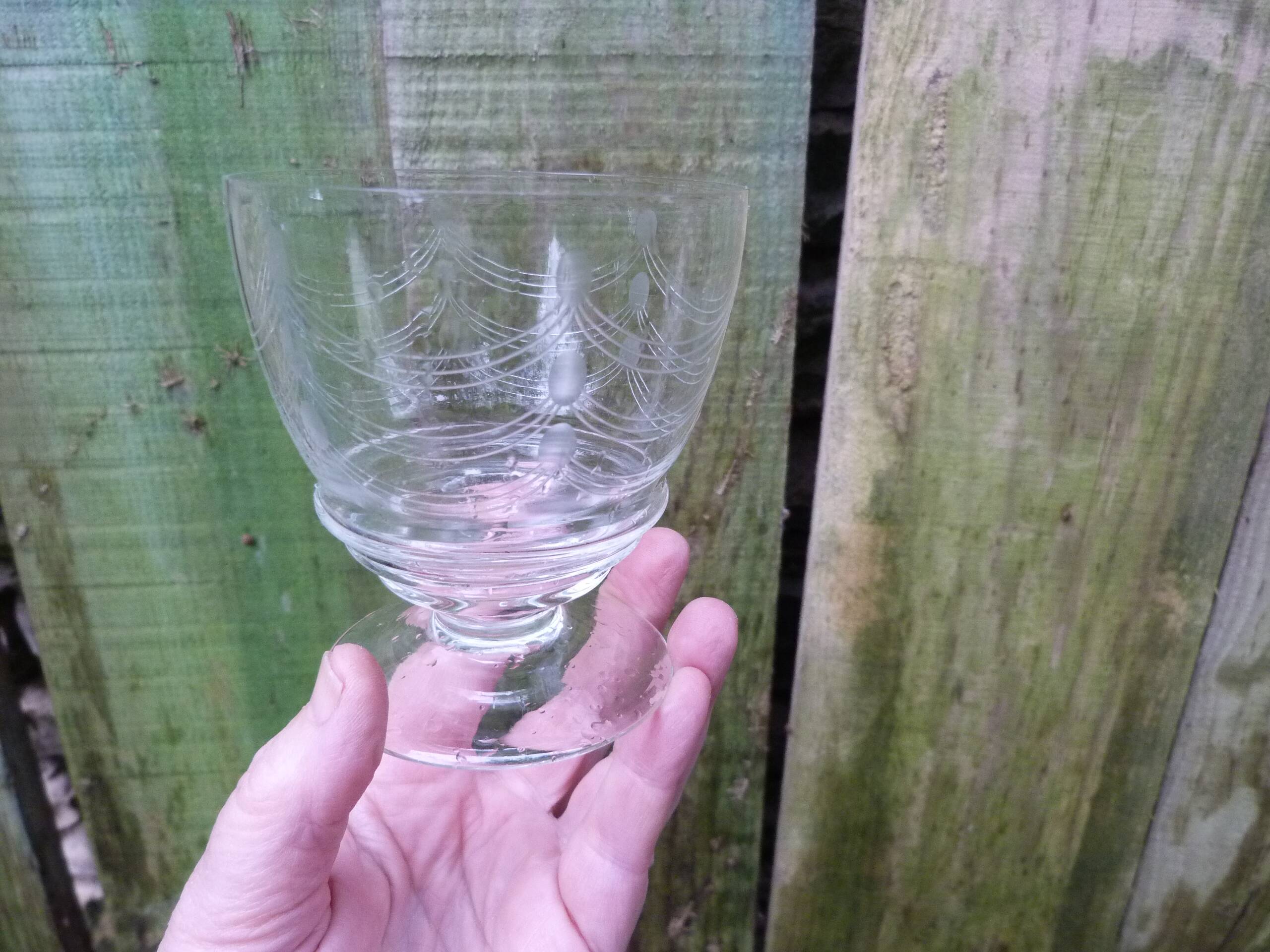 Antique engraved crystal stemmed wine glasses set of 7