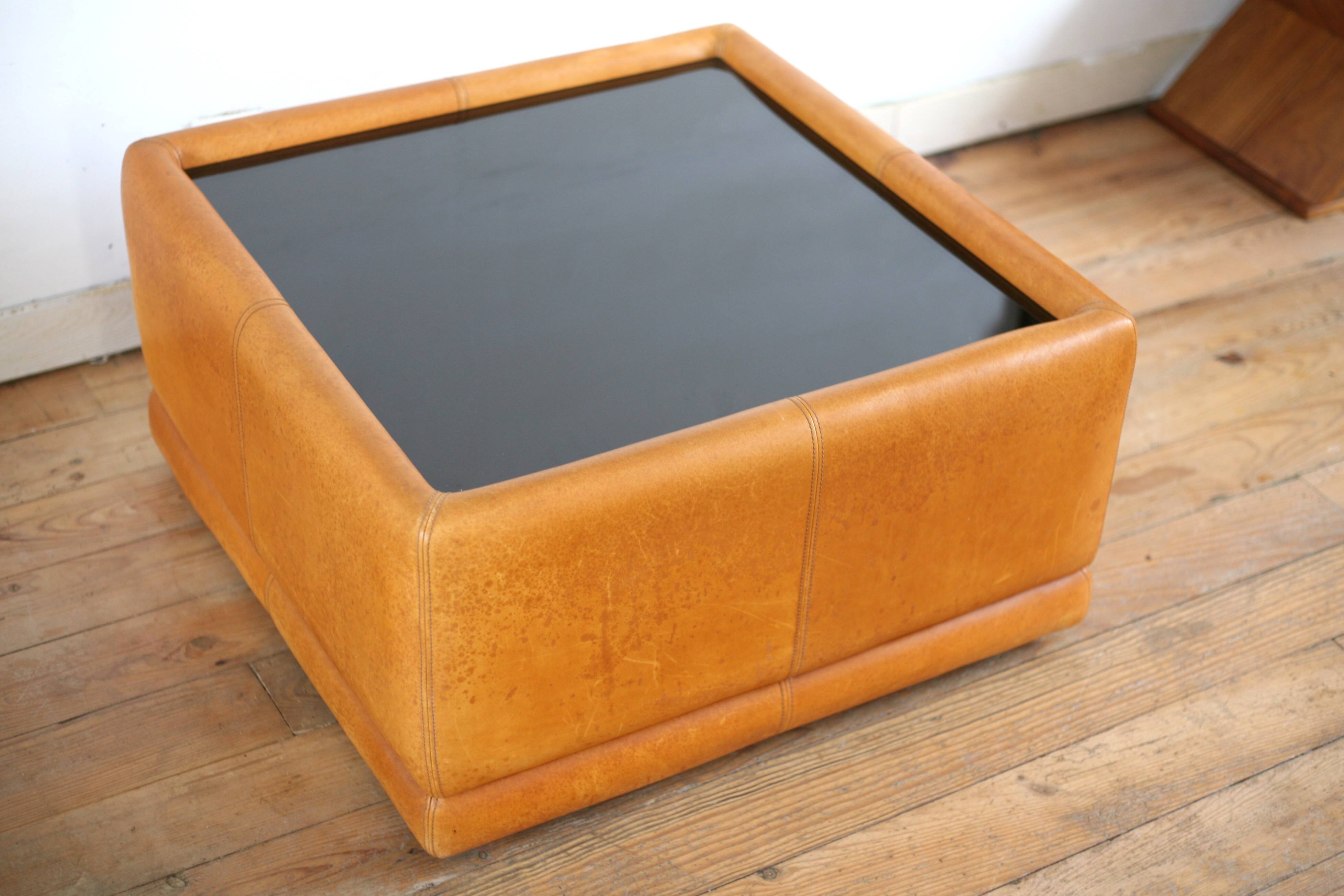black leather and glass coffee table, vintage design