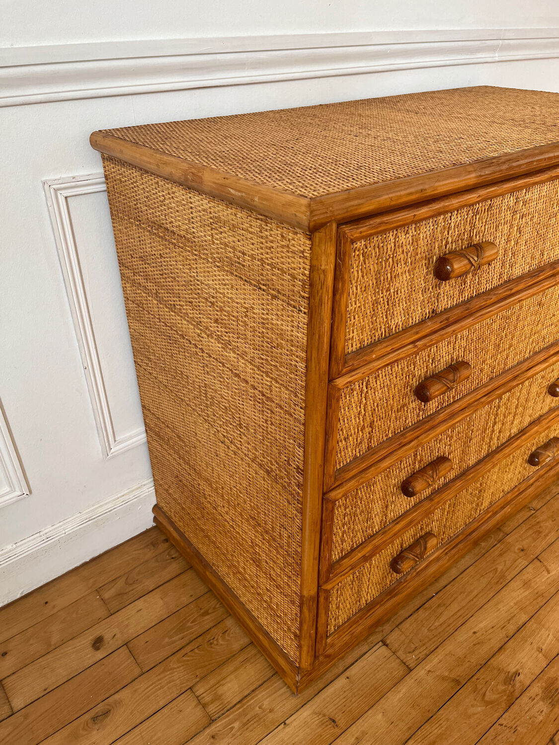 Vintage woven rattan chest of drawers