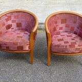 2 club chairs in curved solid wood and embroidered silk burgundy fabric.