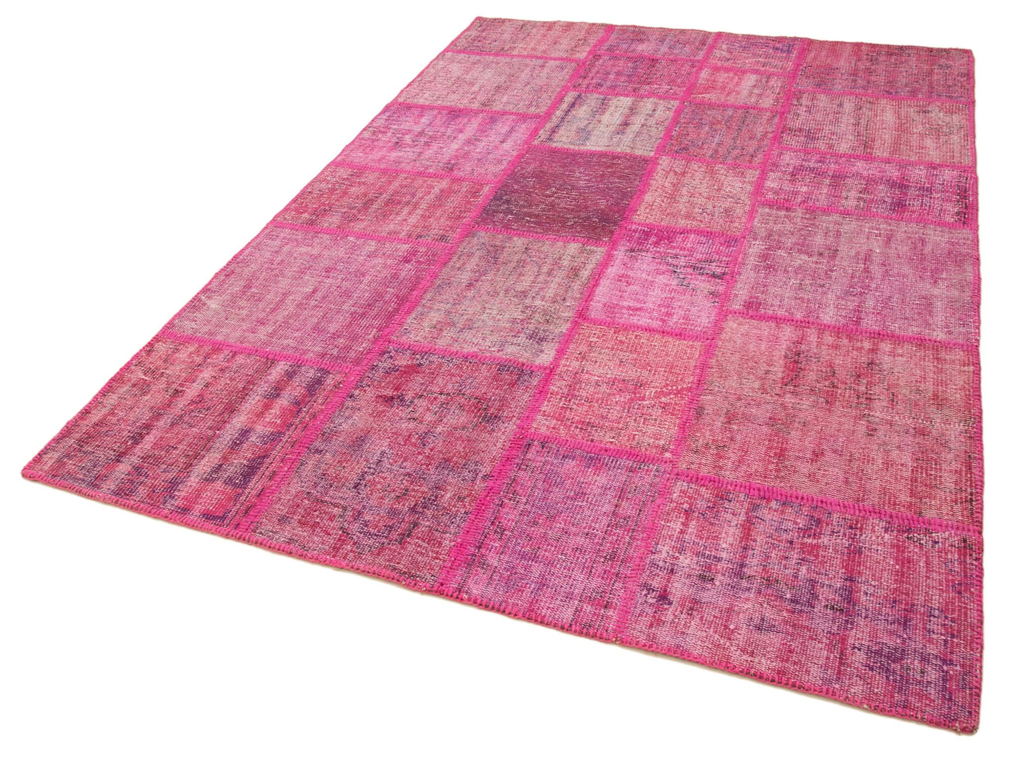 Handwoven oriental overdyed 174 cm x 247 cm pink patchwork carpet