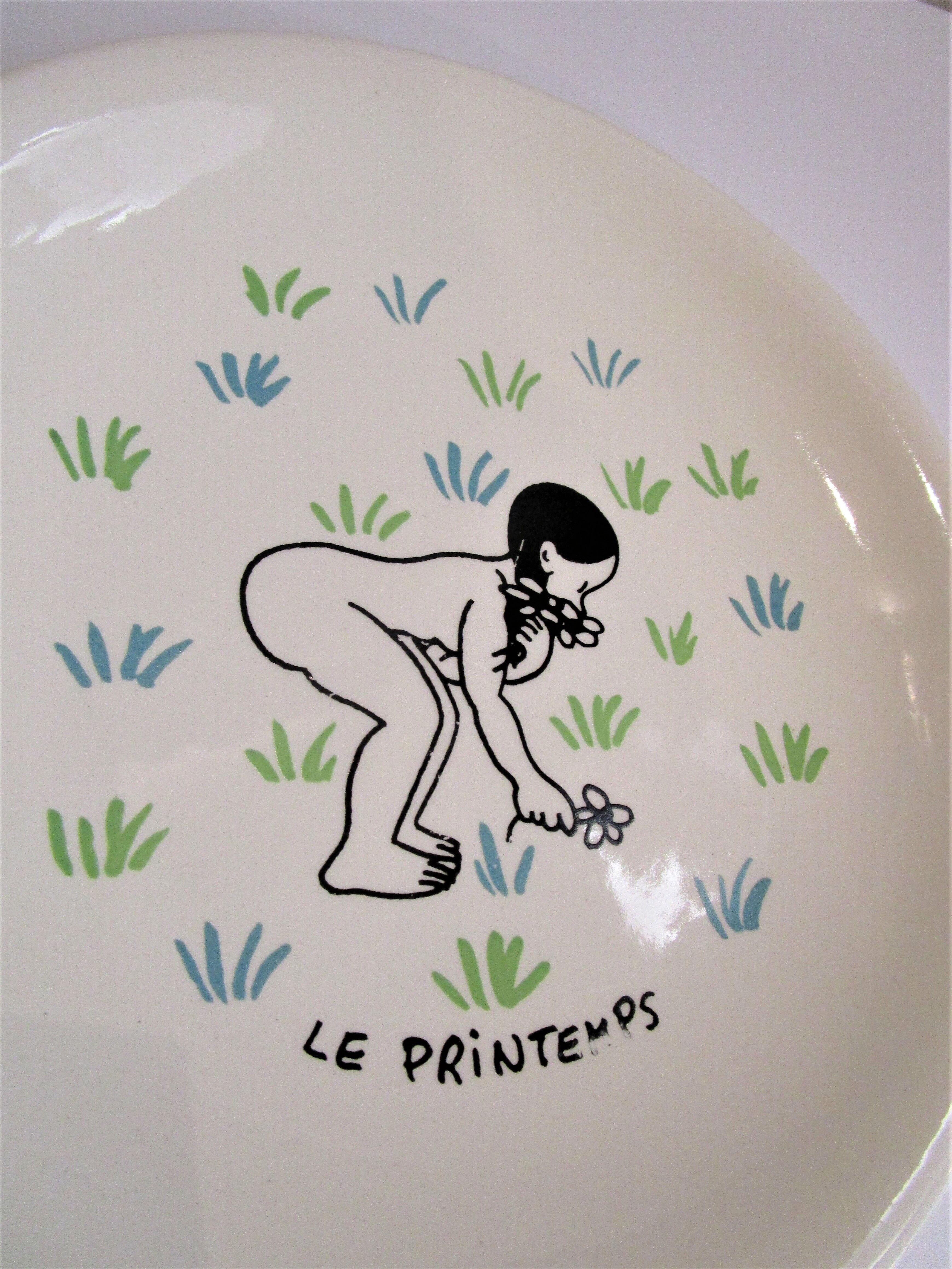 Four plates The 4 seasons by Jean Effel earthenware Salins 60s