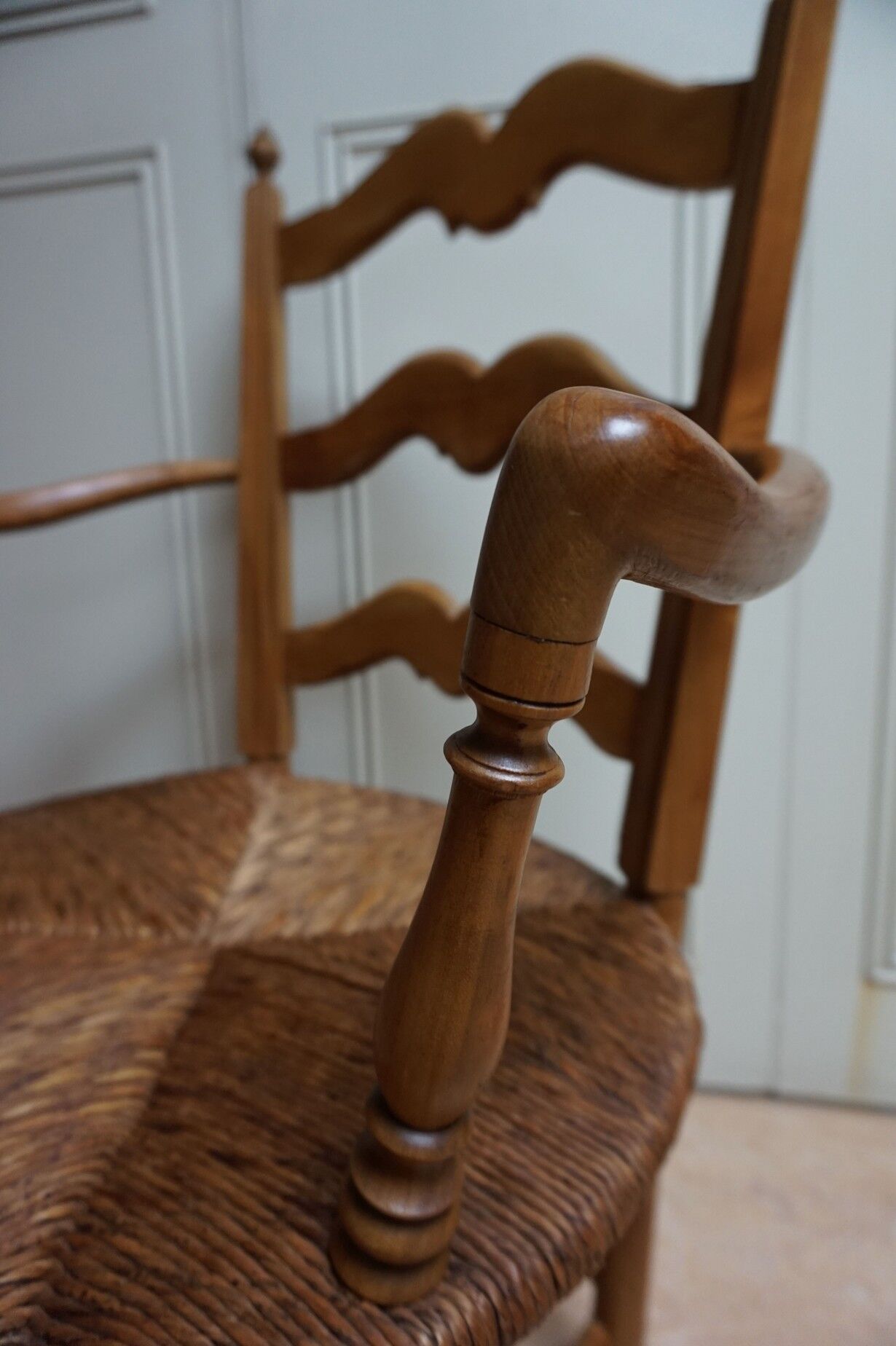 French country provence beech wood armchair with rush wicker seat