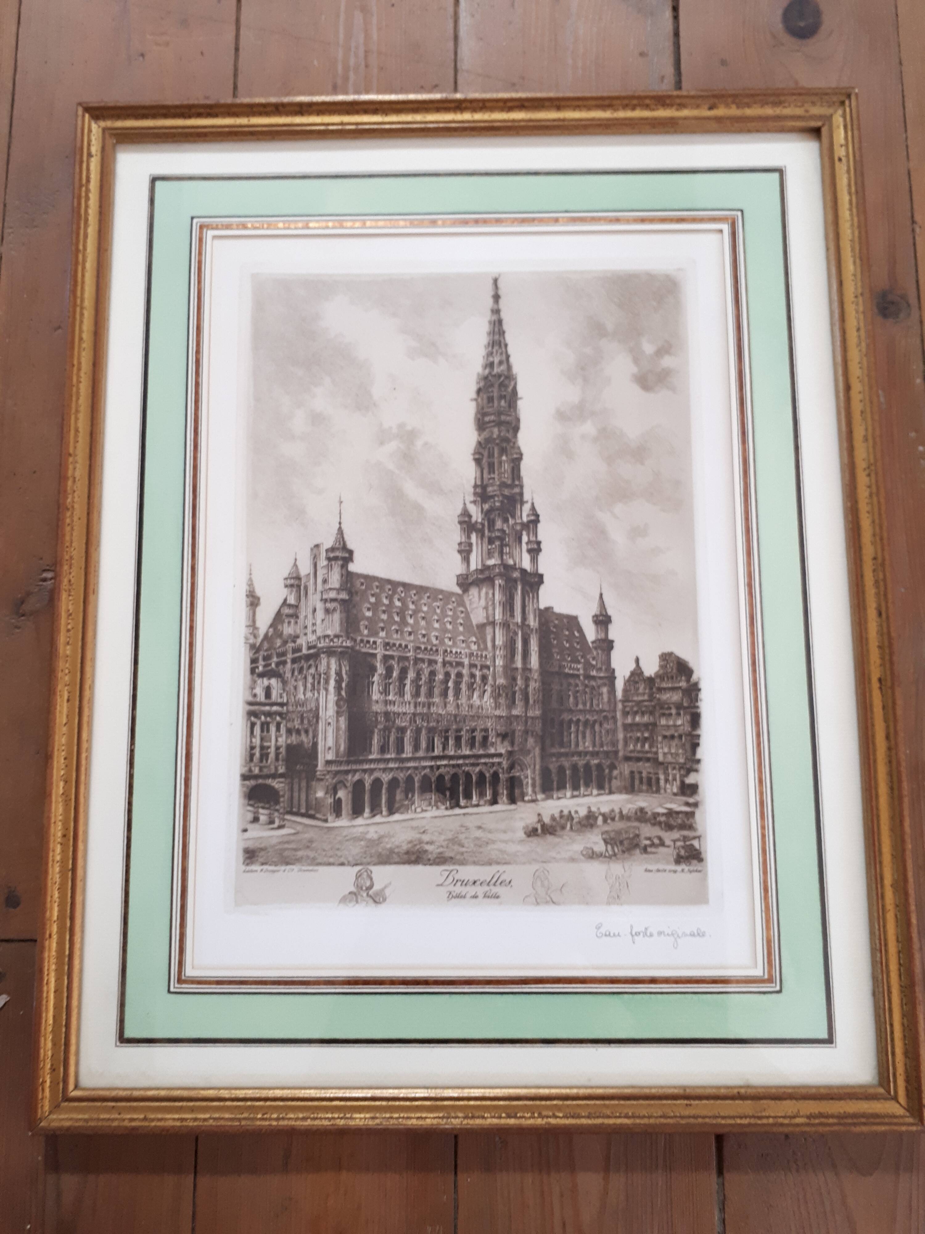 Painting lithograph engraving etching Brussels Town Hall