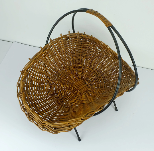 willow BASKET with black metal frame mid century 1950s fruit basket