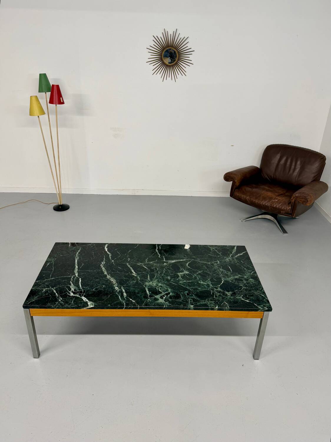 Vintage 1960s Italian design green marble and metal coffee table.