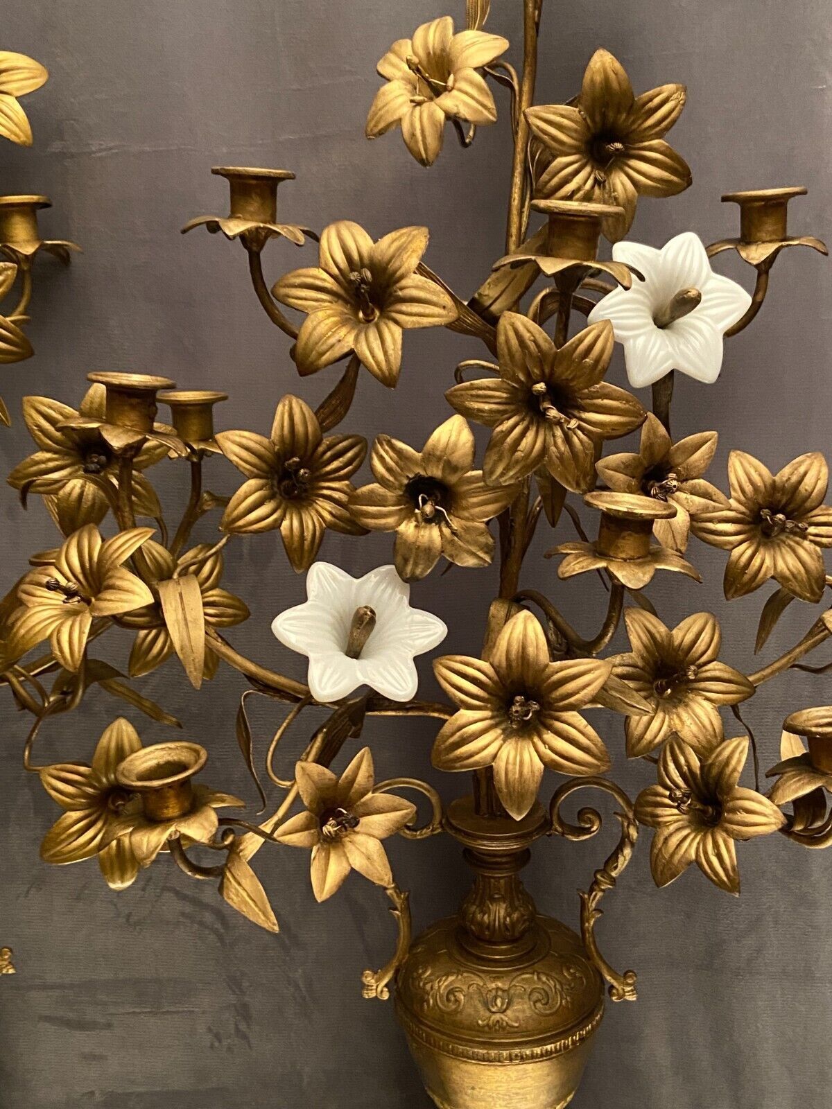 Pair of church candlesticks decorated with brass and opaline flowers nineteenth