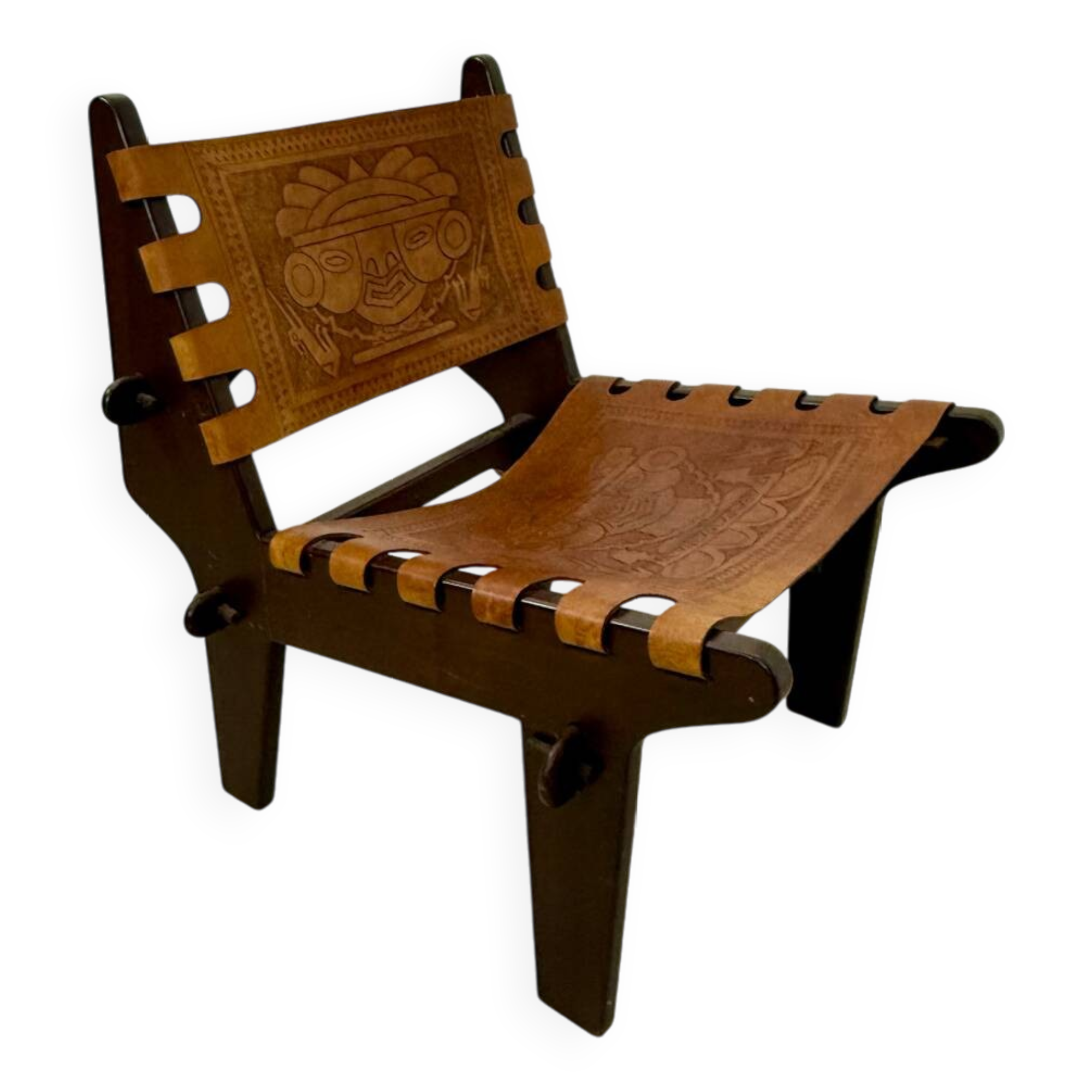 Vintage teak and leather armchair design Angel Pazmino brand Ecuador vintage 1960