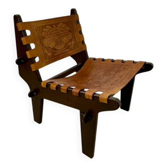 Vintage teak and leather armchair design Angel Pazmino brand Ecuador vintage 1960