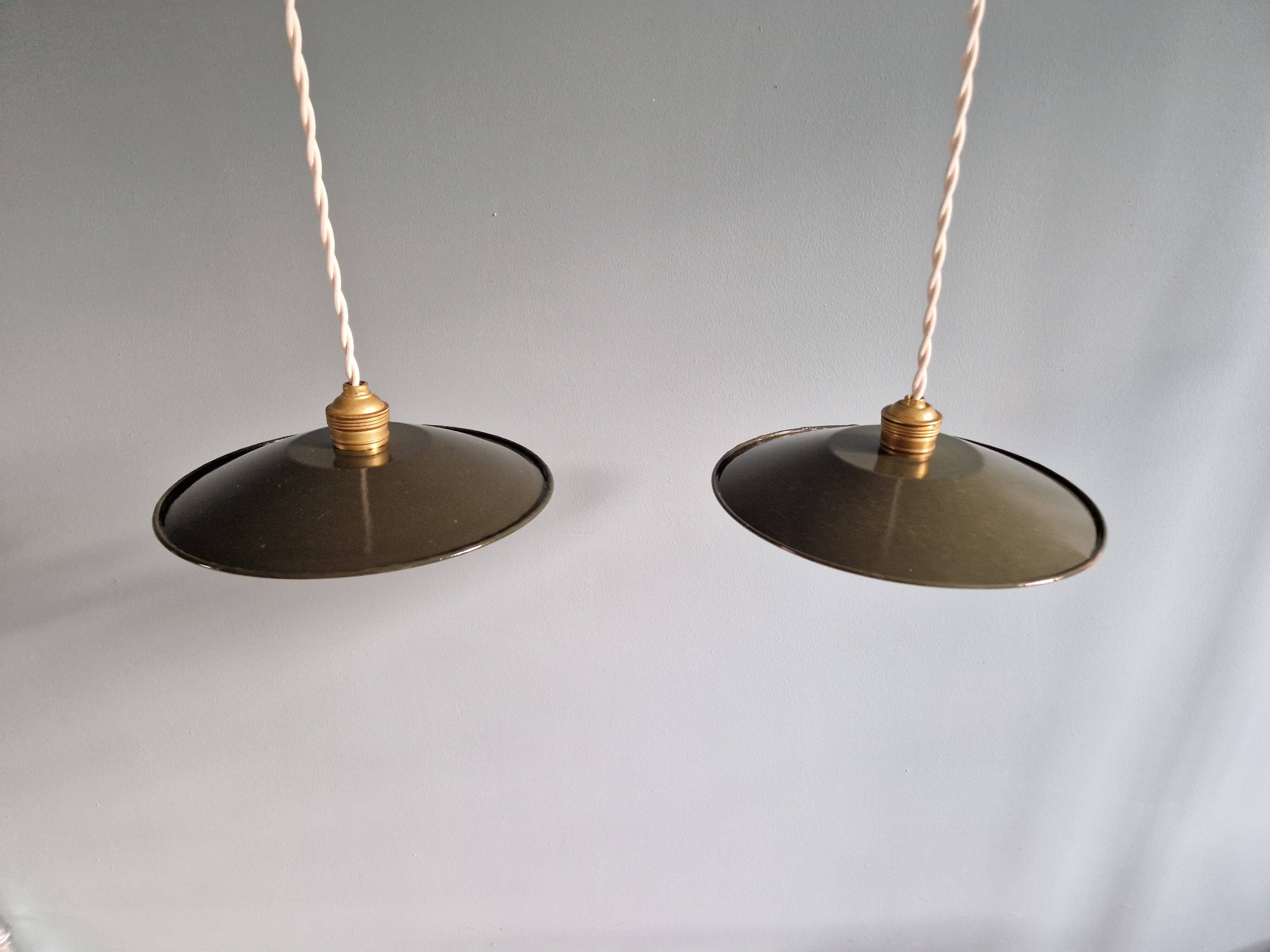 Pair of industrial pendant lights in olive green enameled sheet metal