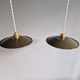 Pair of industrial pendant lights in olive green enameled sheet metal
