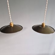 Pair of industrial pendant lights in olive green enameled sheet metal