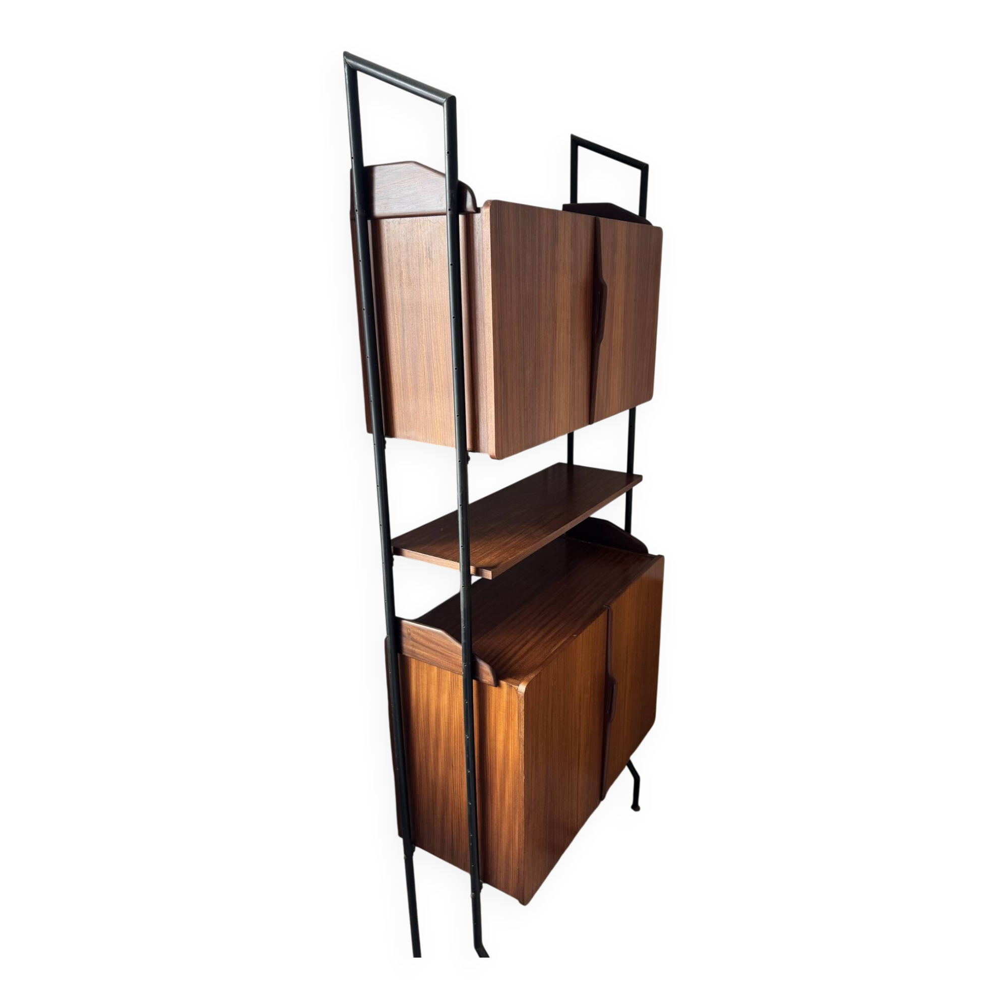 Modular vintage library in teak and black metal — Italian design,