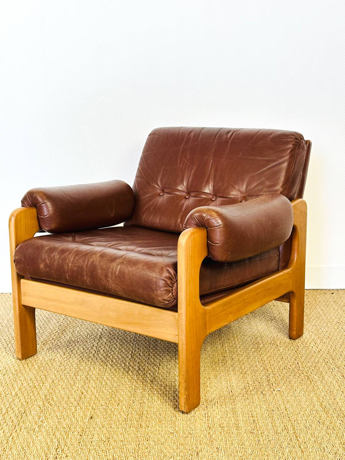 Vintage Scandinavian leather and teak armchair 1960