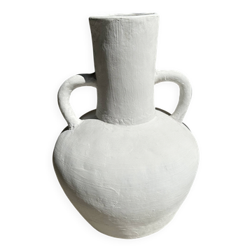 Large handcrafted terracotta vase painted white with double handles H40 D30