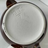 Vintage brown glazed earthenware teapot, mid-century sculptural decor.