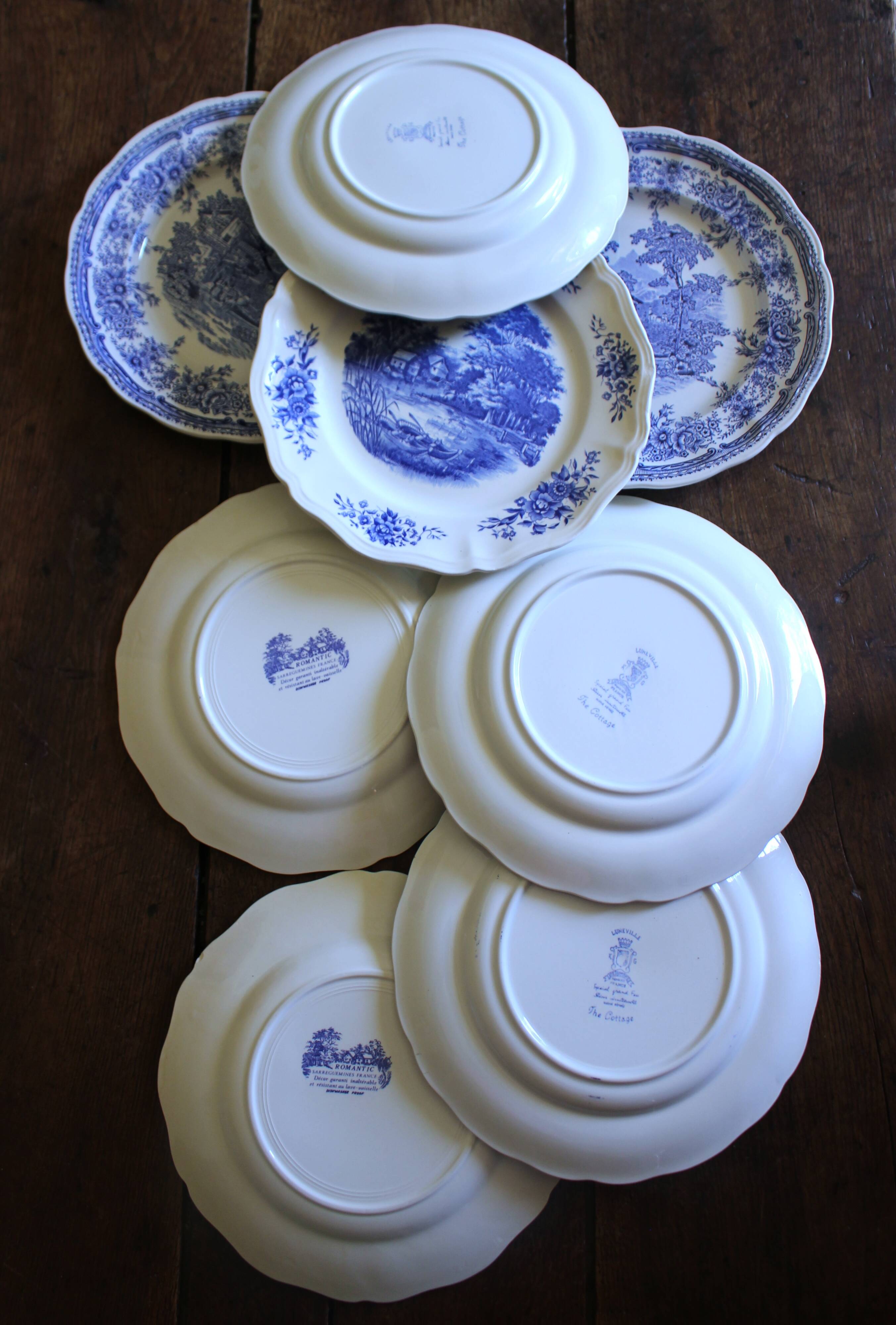 8 romantic blue Lunéville Sarreguemines dinner plates