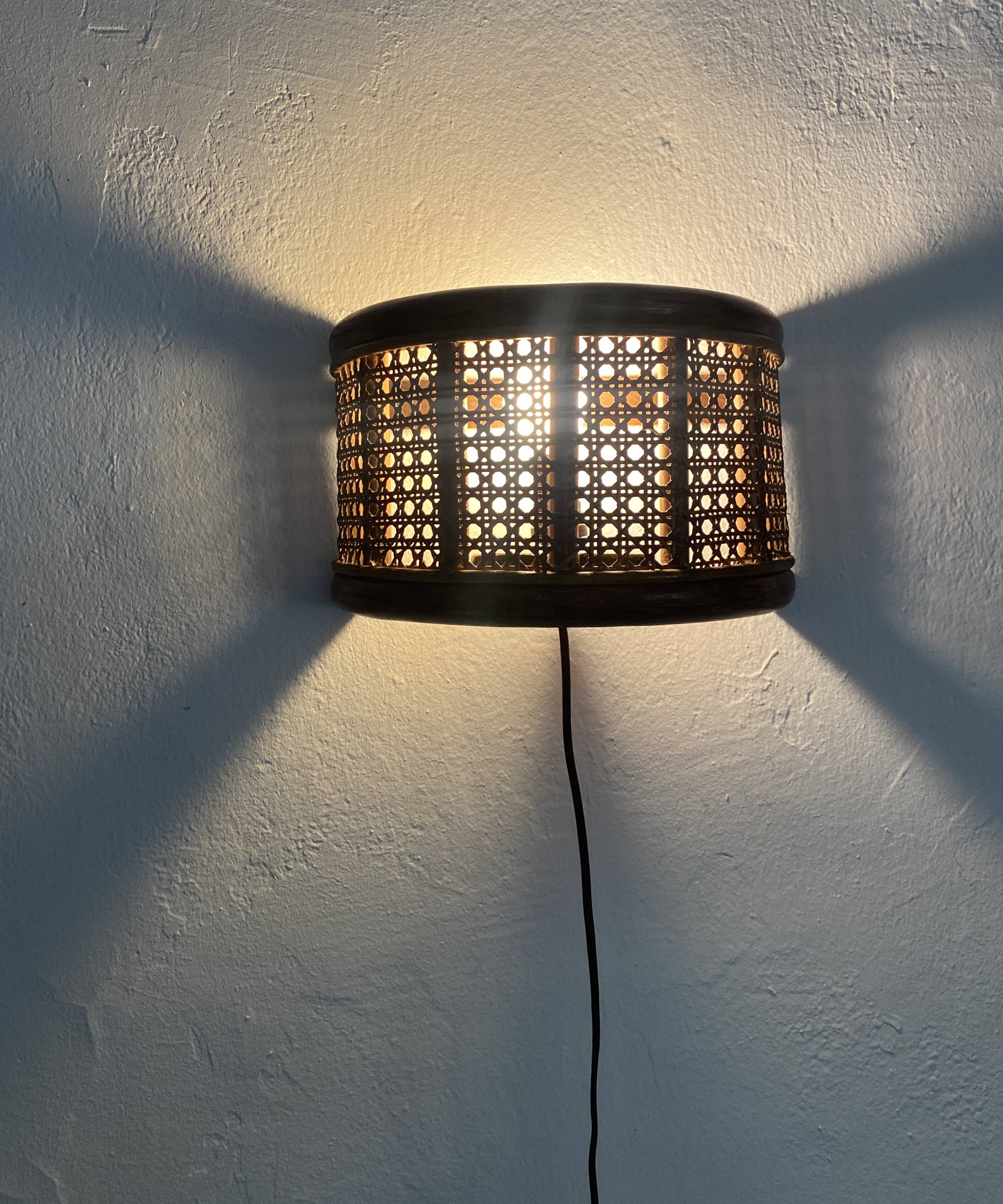 Duo wall lights, 3 M fabric cable, rattan and cane, 70s