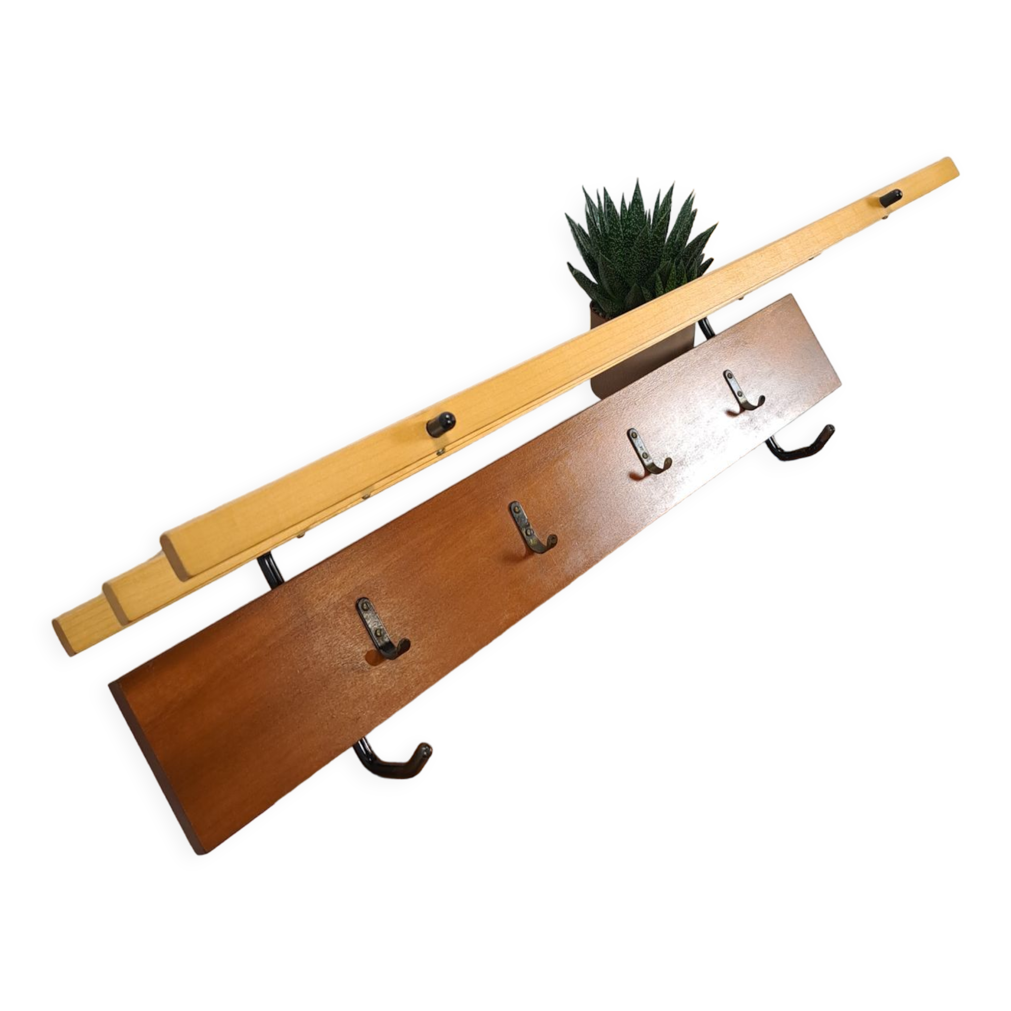 Vintage wall coat rack with black hooks and light wood