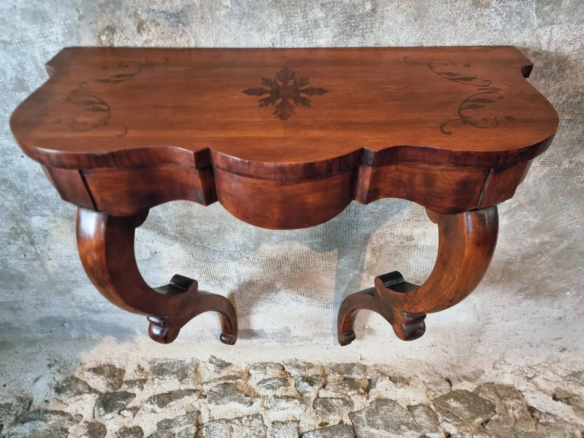 Antique French Napoleon III mahogany console table, wall table with marquetry, 19th century