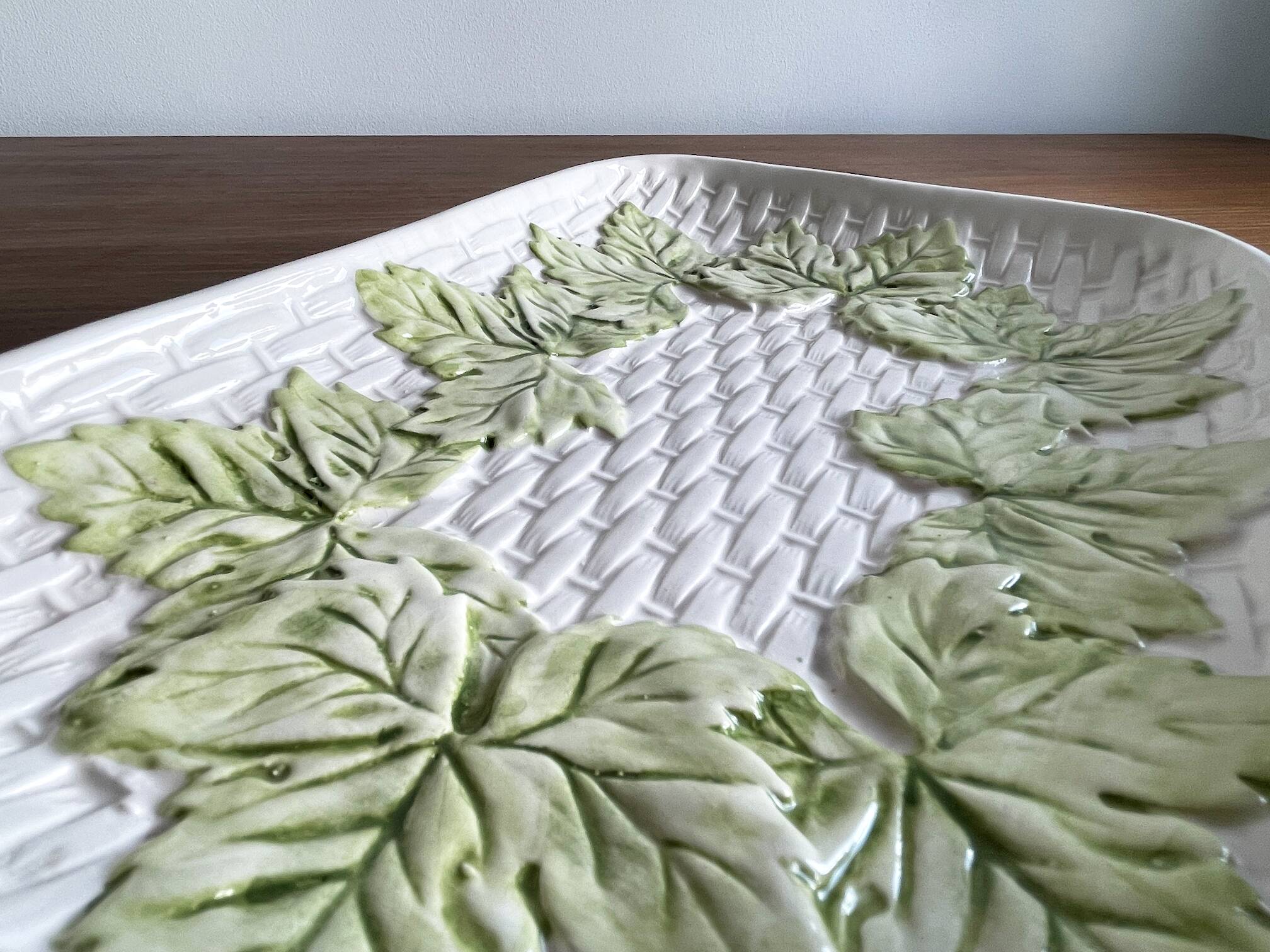 French Barbotine Majolica Serving Platter with Vine Leaf and Basket Weave Motif