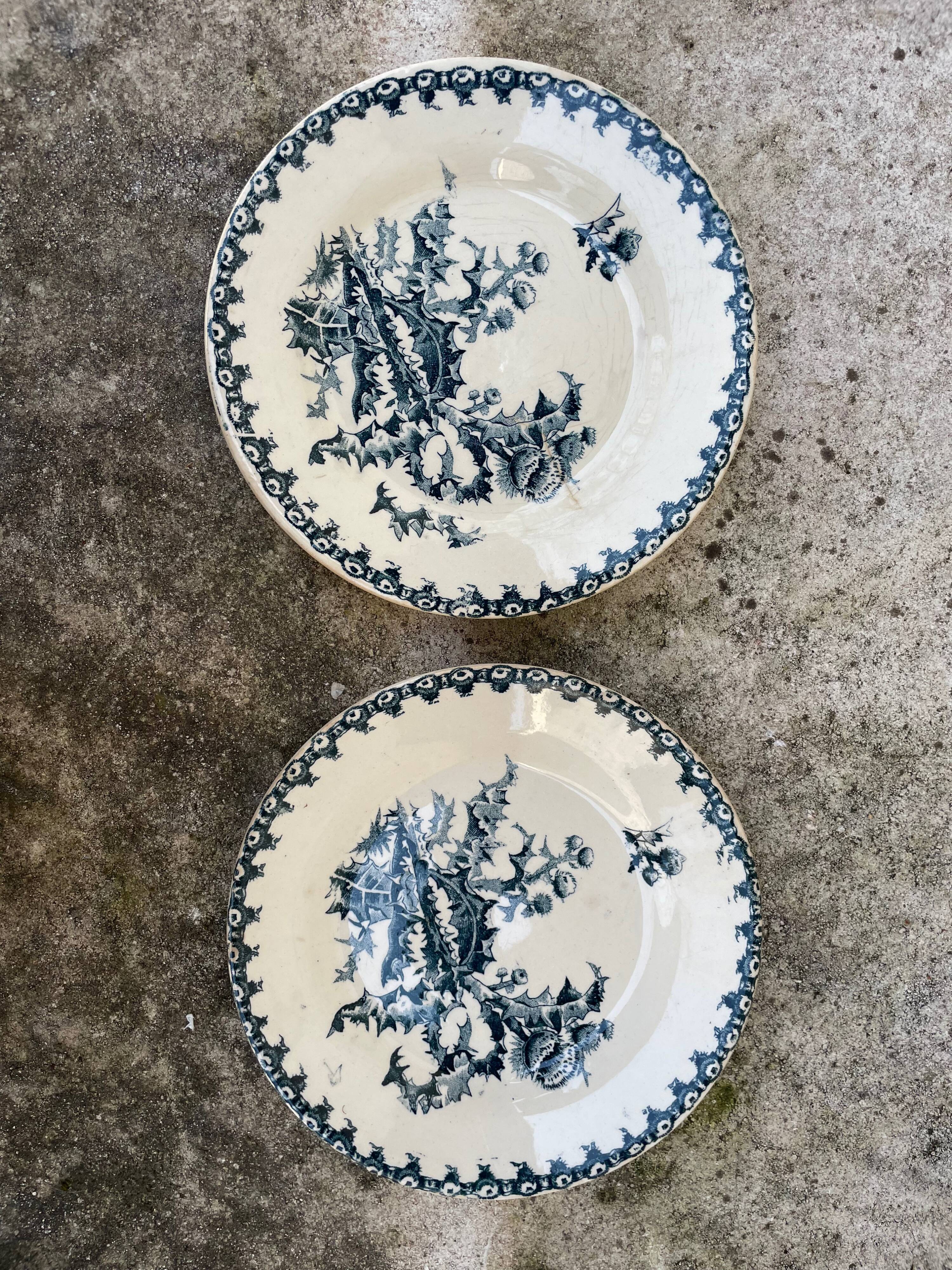 Set of 2 plates white blue with thistle pattern porcelain opaque thistles Gien