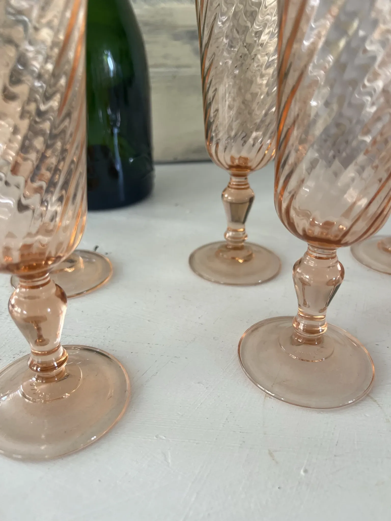 Champagne flutes pink set of 8, French swirl glass stemware rosaline