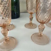 Champagne flutes pink set of 8, French swirl glass stemware rosaline