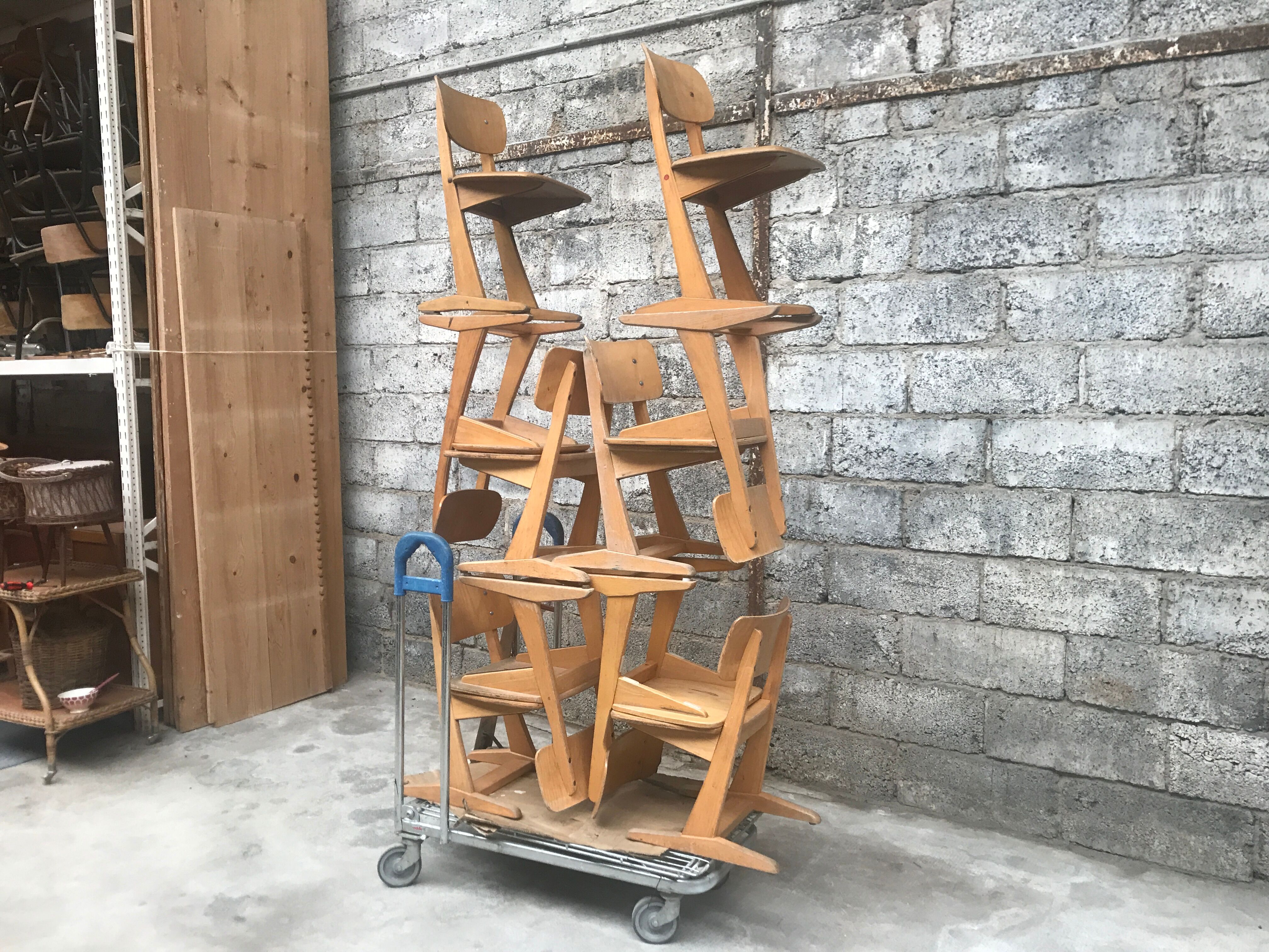 Series of 10 casala children's chairs in vintage light wood