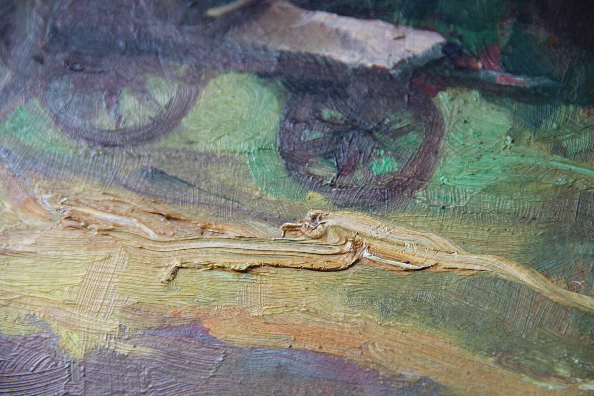 Oil painting on cardboard: cart in the countryside