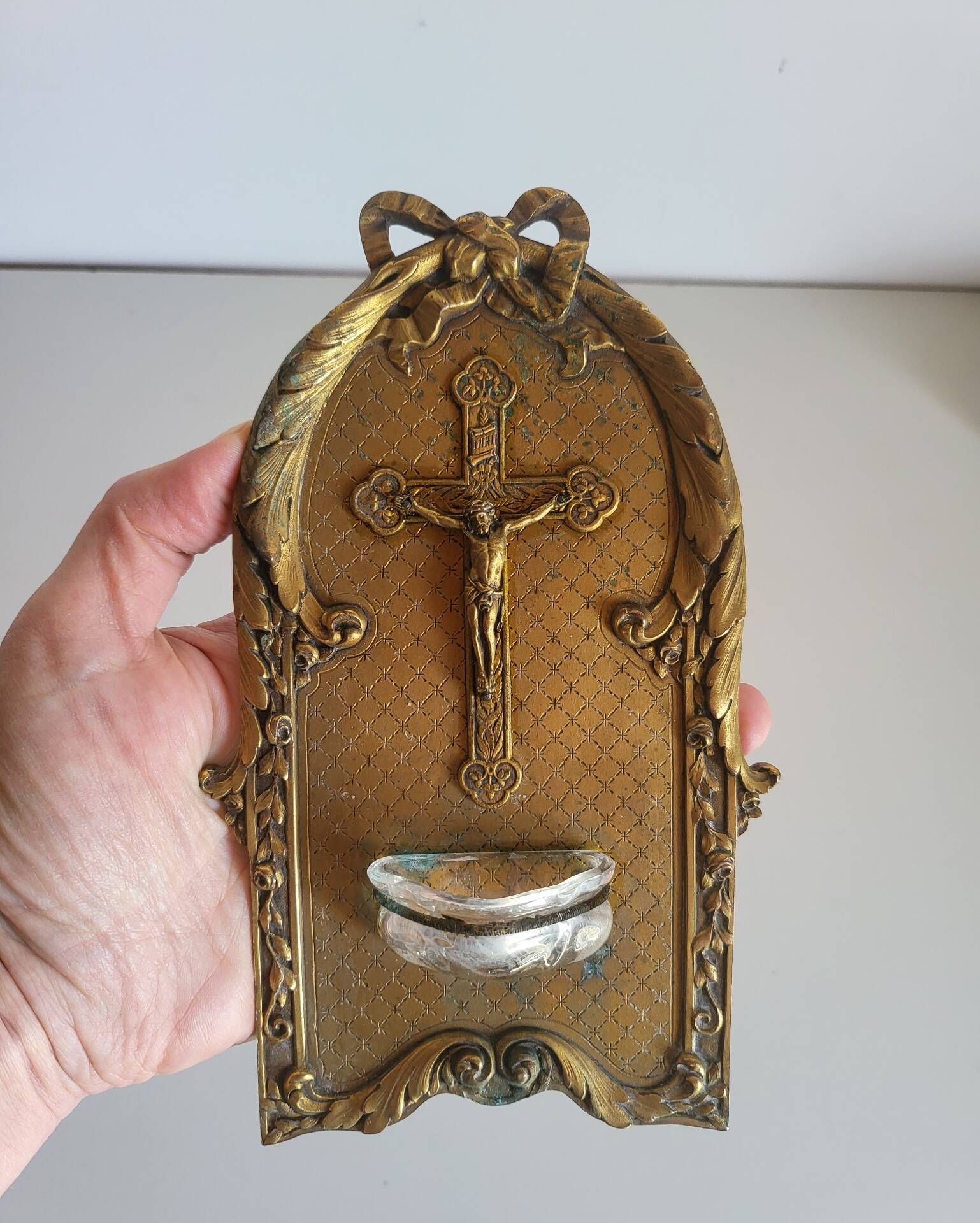 Antique Wall-mounted Bronze Font in Louis XVI Style Crucifix Cross