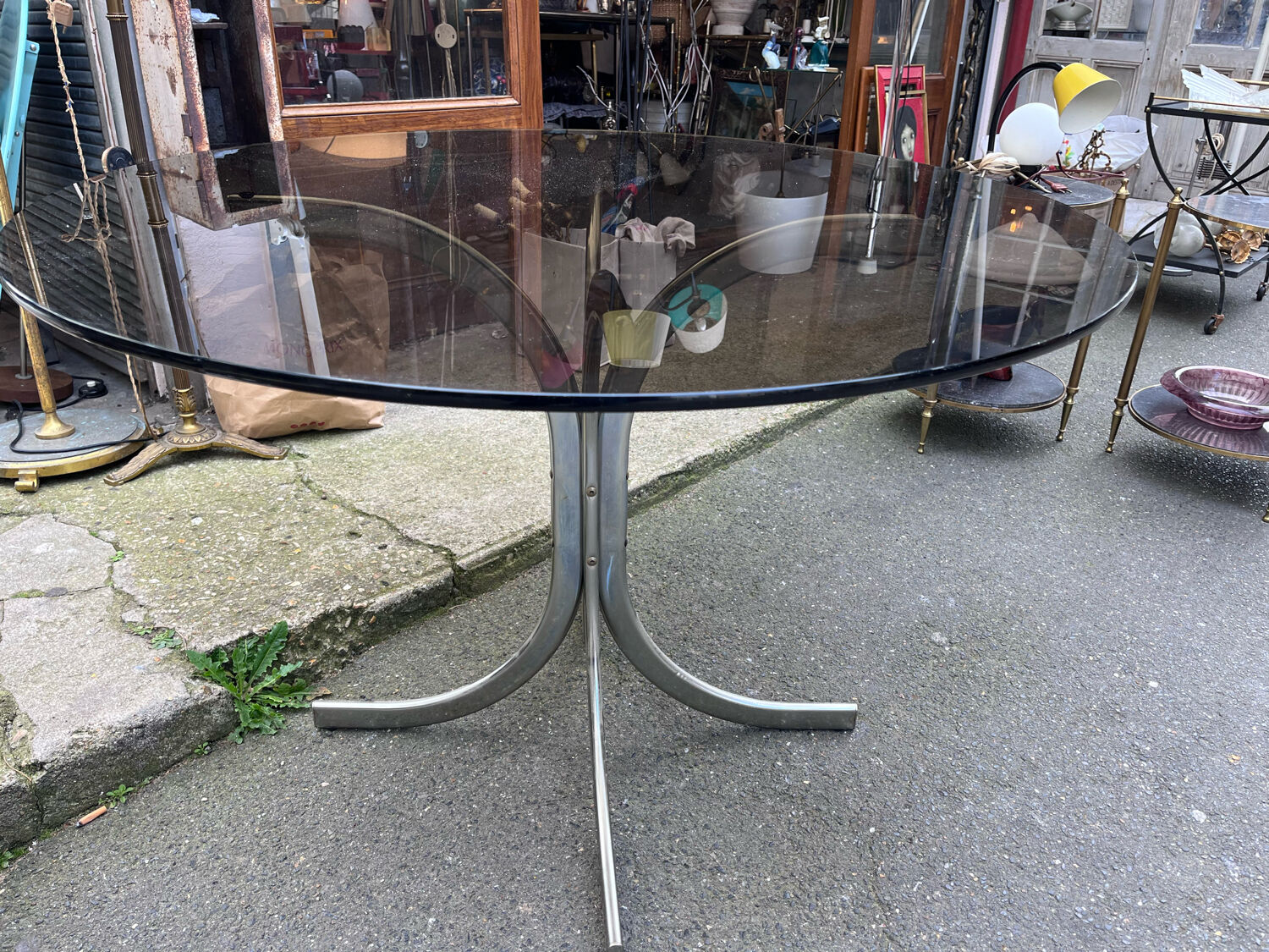 Dining table design 1970 chrome thick top smoked glass slab