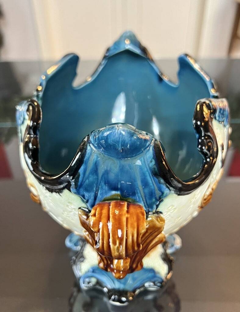 Glazed Earthenware Planter - Barbotine Early 20th Century - Ochre and Blue