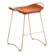 Contemporary bar stool with an organic design in aged brass metal and natural tobacco leather.