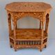 Oriental pedestal table in hexagonal shape made of cedar wood and marquetry