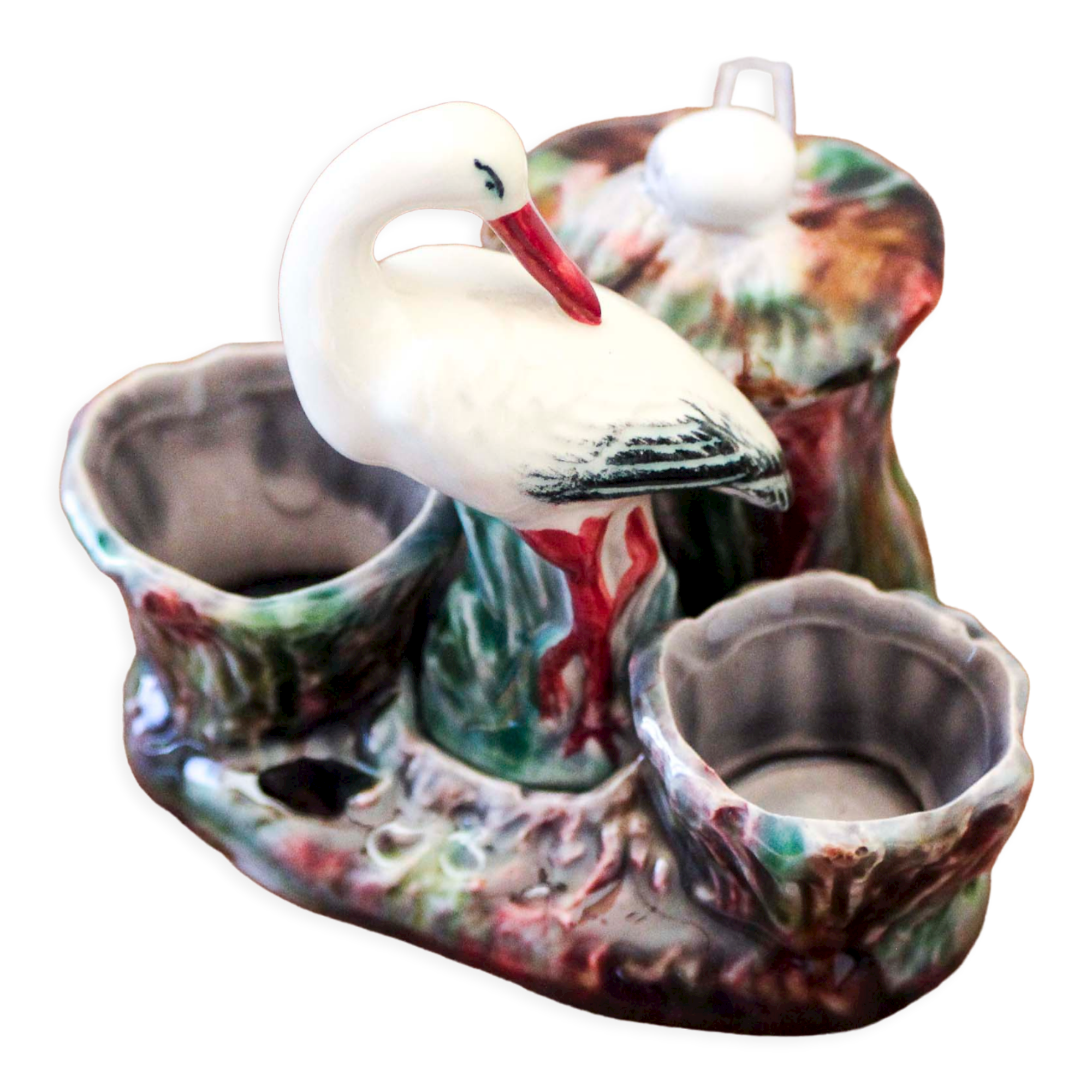 Ceramic condiment set with stork decoration