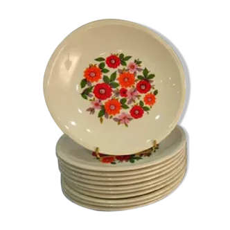 Set 11 faience plates of GIEN 60s floral patterns