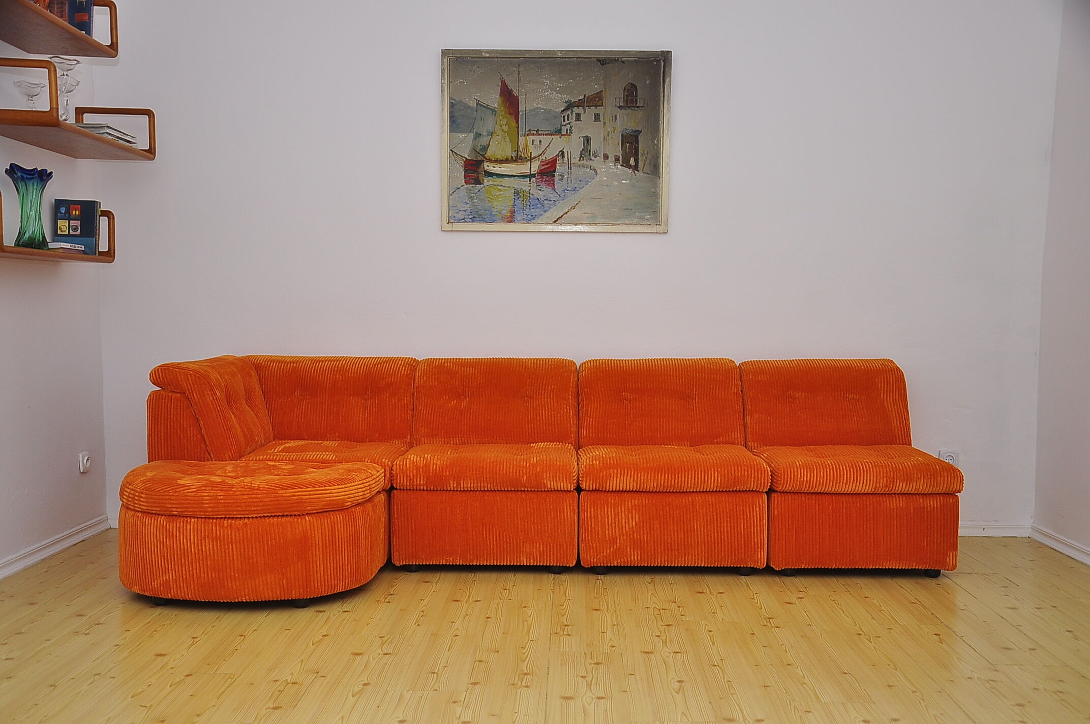 Orange corduroy modular sofa, 70s