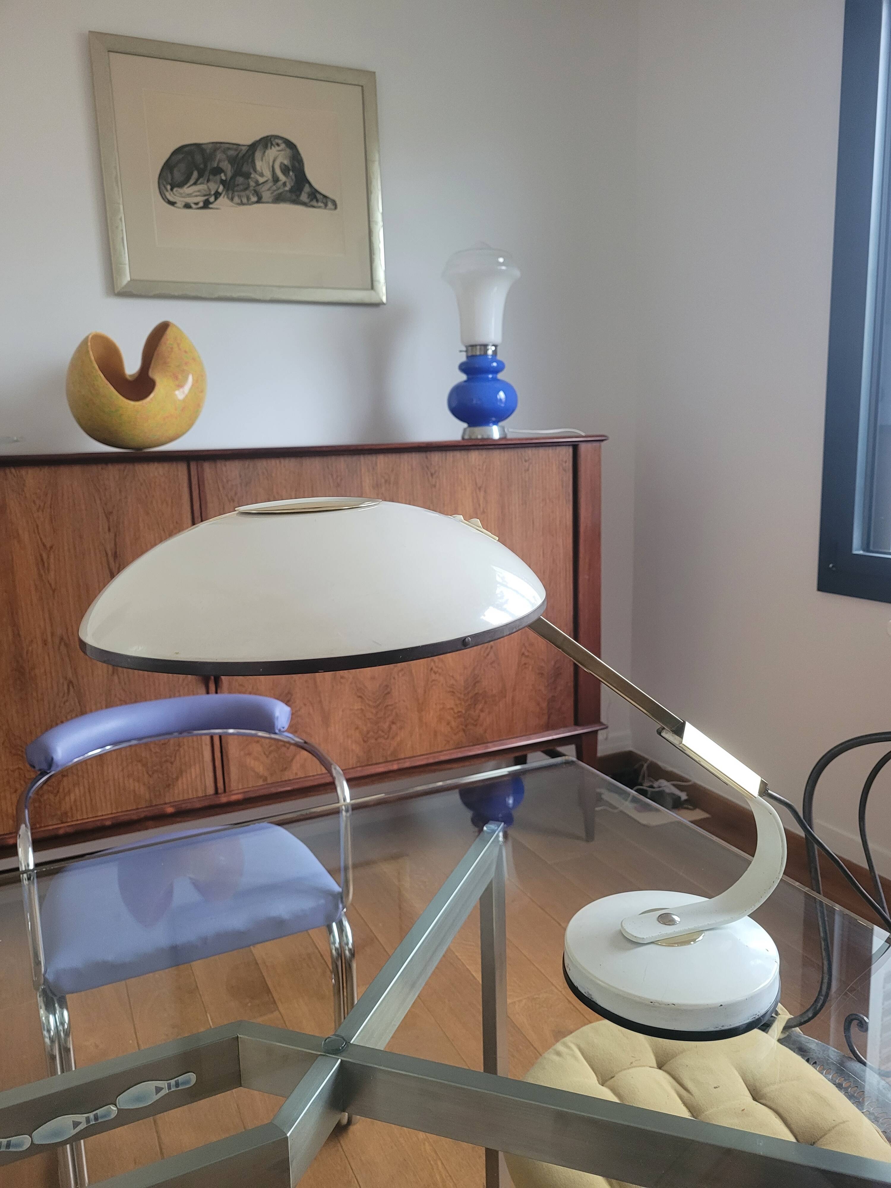 Lampe Ferdinand Solere avec son réflecteur bleu, années 50