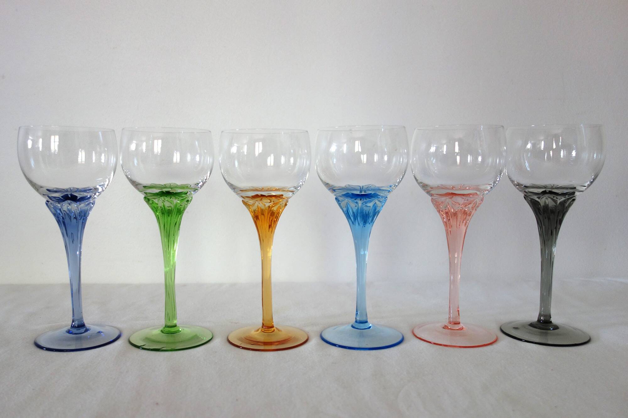 6 colorful vintage crystal wine glasses