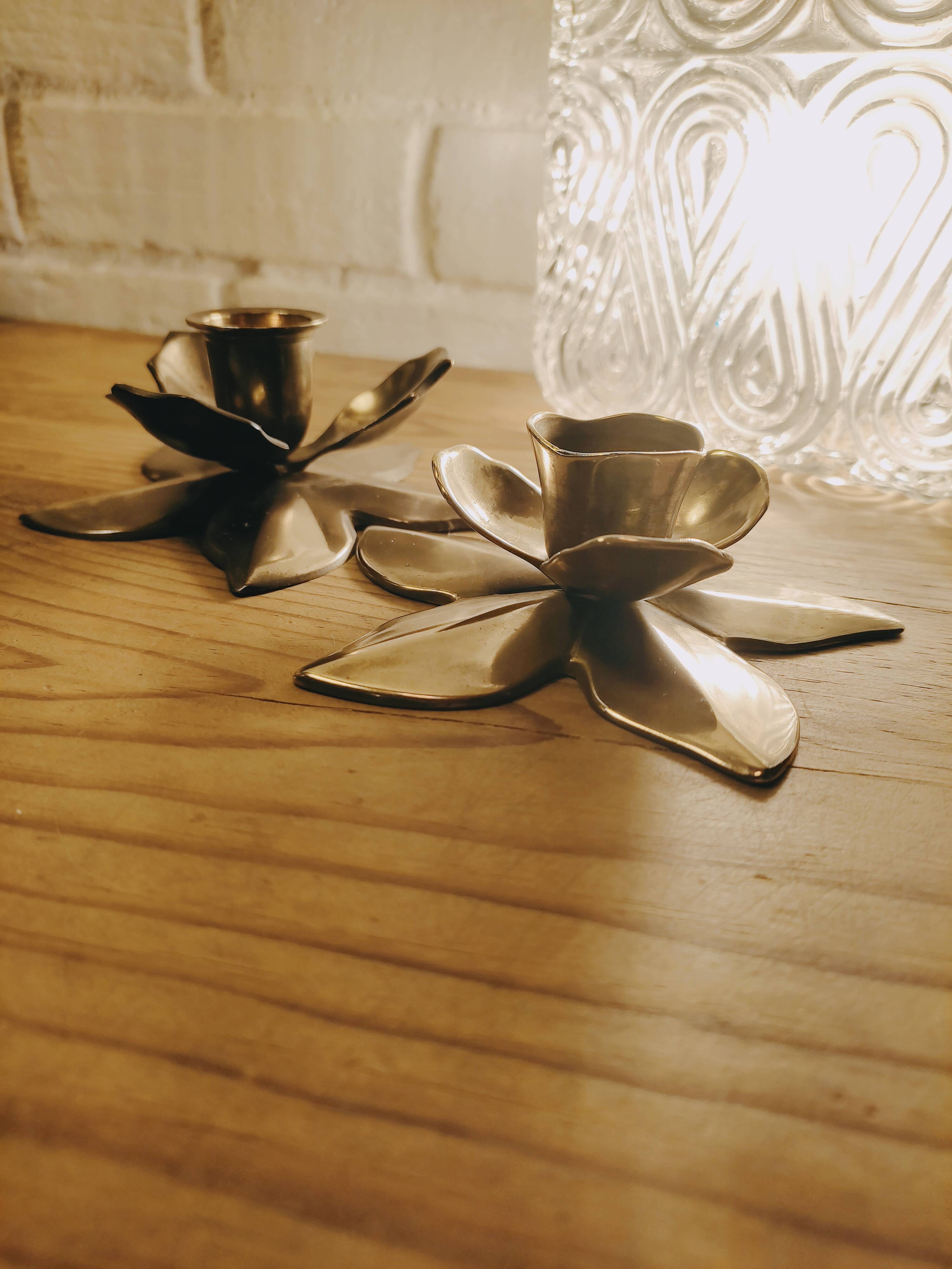 Duo of brass star candle holders