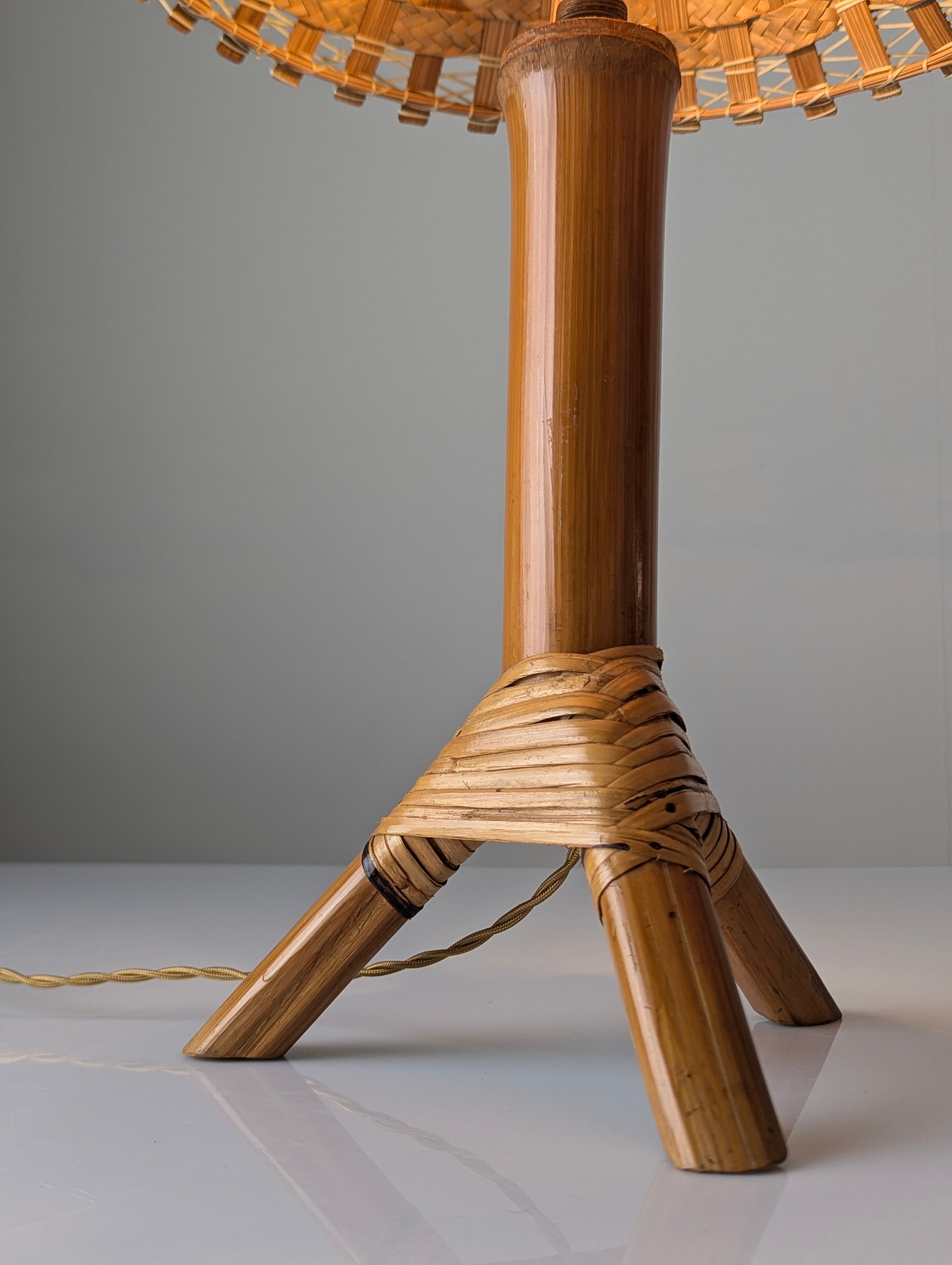 Bamboo and rattan table lamp with woven shade, 1950s
