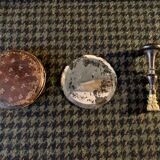 Very old round pocket mirror and leather case, 18th century