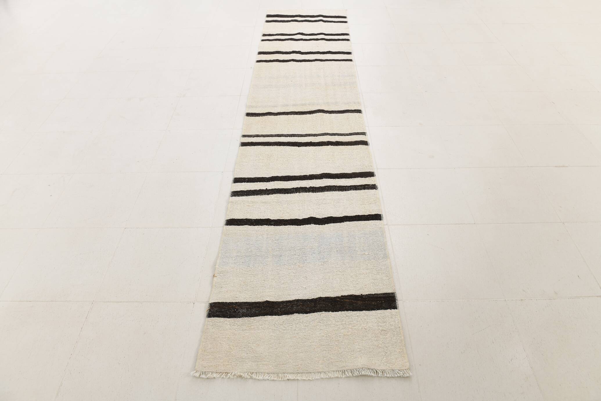 Beige & Black Striped Pattern Vintage Kilim Rug, 74x351 Cm