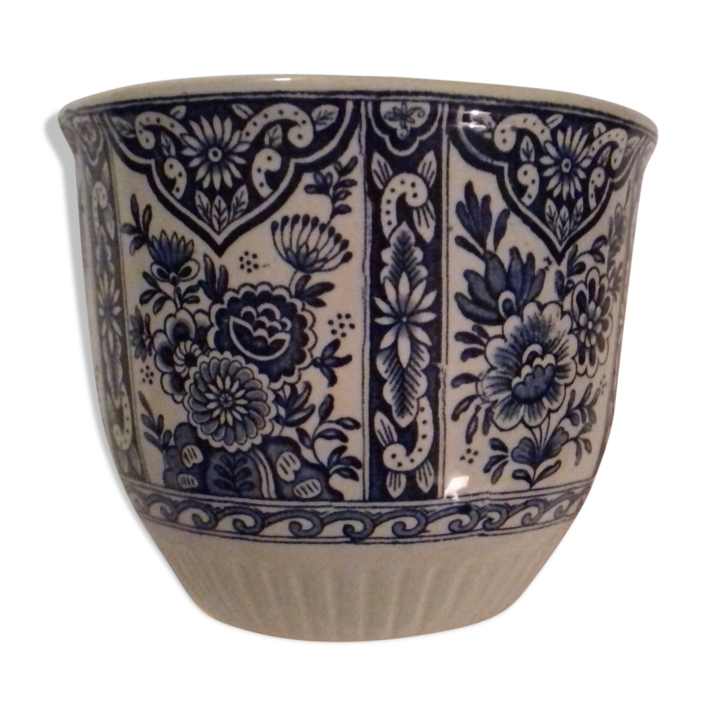 Cache pot céramique blanc et indigo